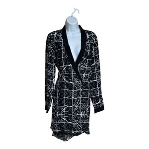 YAS‎ Black White Print Long Sleeve Mini Dress Wrap Look Size 36